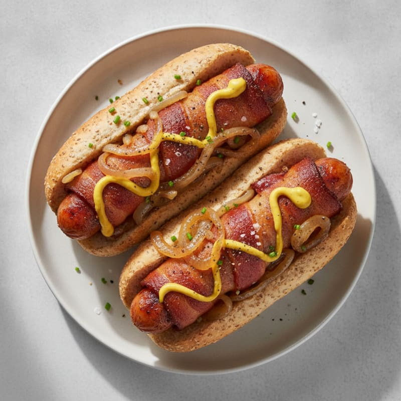 Bacon-Wrapped Chicken Hot Dogs with Caramelized Onions