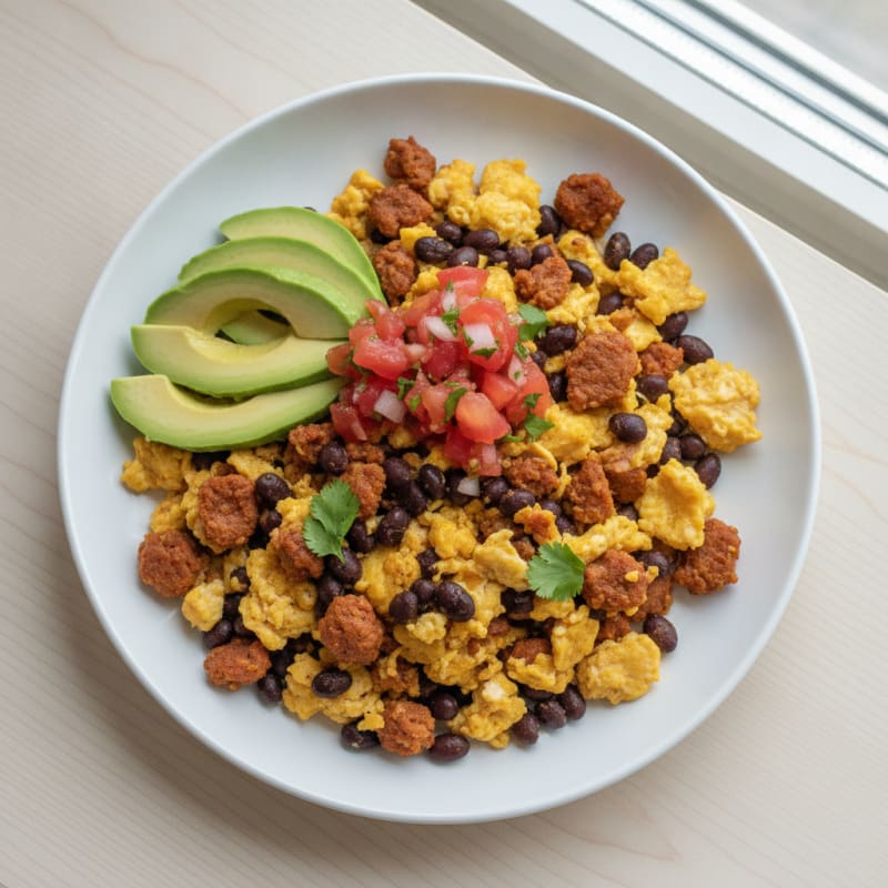 Scrambled Eggs with Turkey Chorizo and Black Beans