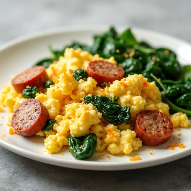 Egg White Scramble with Chicken Sausage and Sautéed Spinach