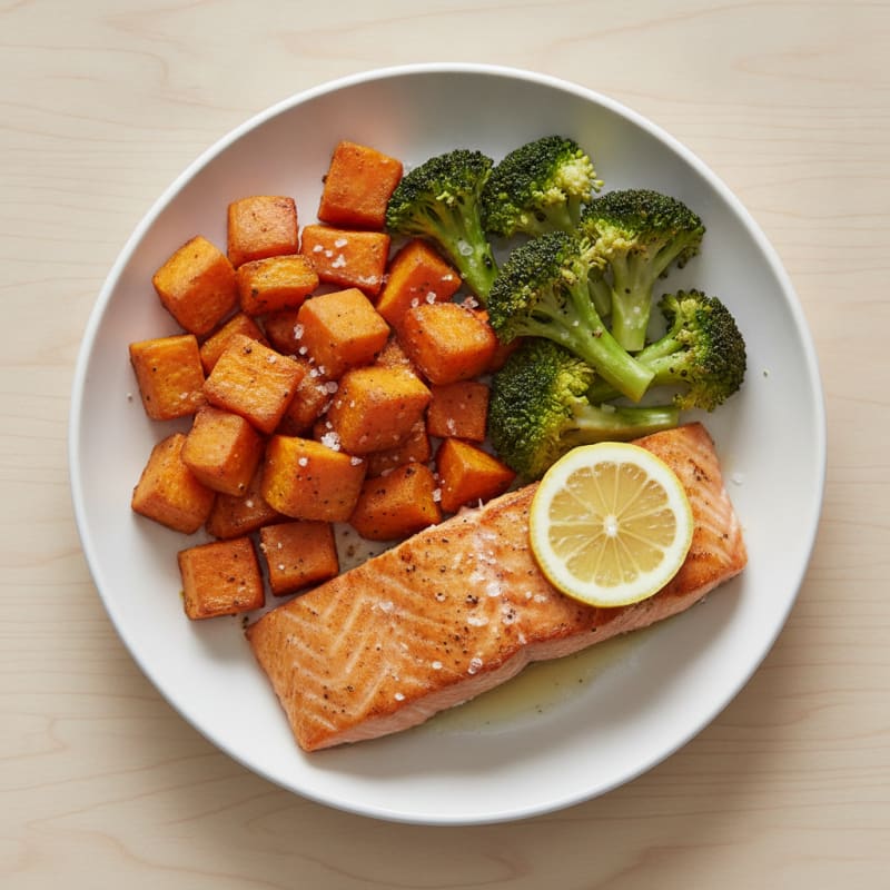 Seared Salmon with Roasted Sweet Potatoes and Broccoli