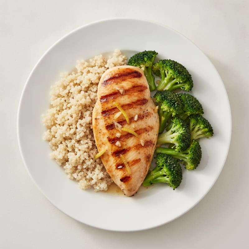 Grilled Lemon-Garlic Chicken Breast with Quinoa and Steamed Broccoli