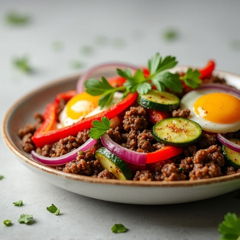 Hearty Lean Ground Beef and Roasted Vegetable Skillet