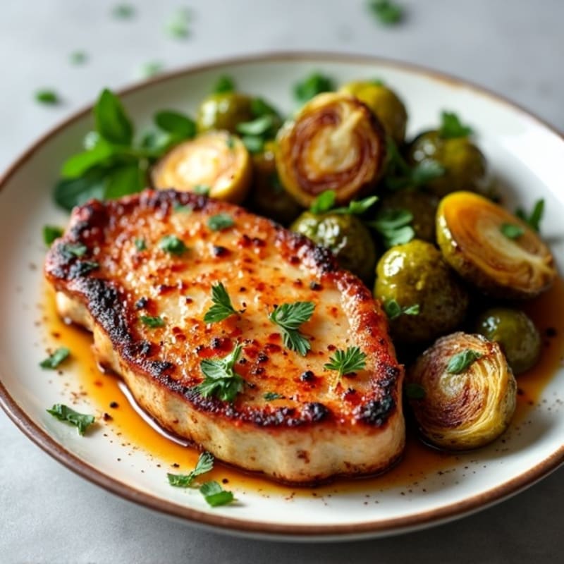 Pan-Seared Pork Chops with Crispy Roasted Brussels Sprouts