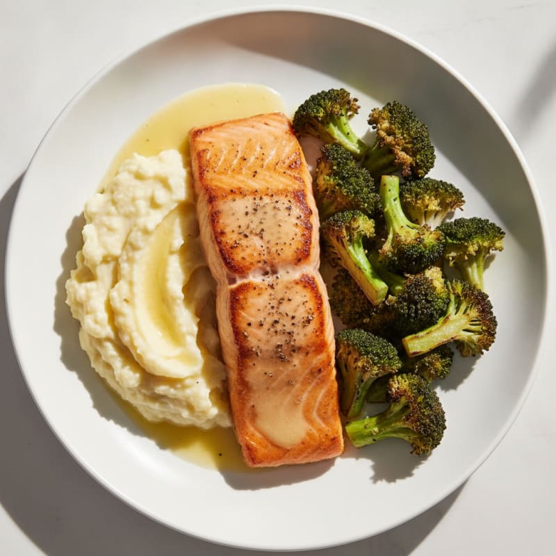 Seared Salmon with Roasted Broccoli and Garlic Mashed Cauliflower