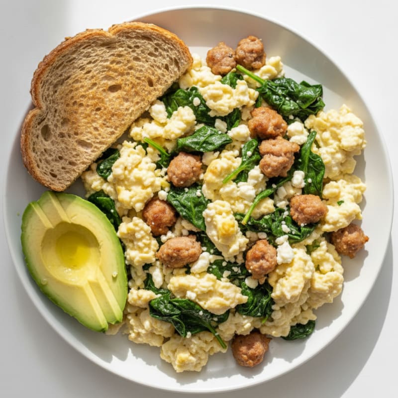 Egg White and Turkey Sausage Scramble with Spinach and Feta