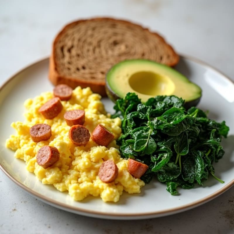 Turkey Sausage and Egg White Scramble with Sautéed Spinach