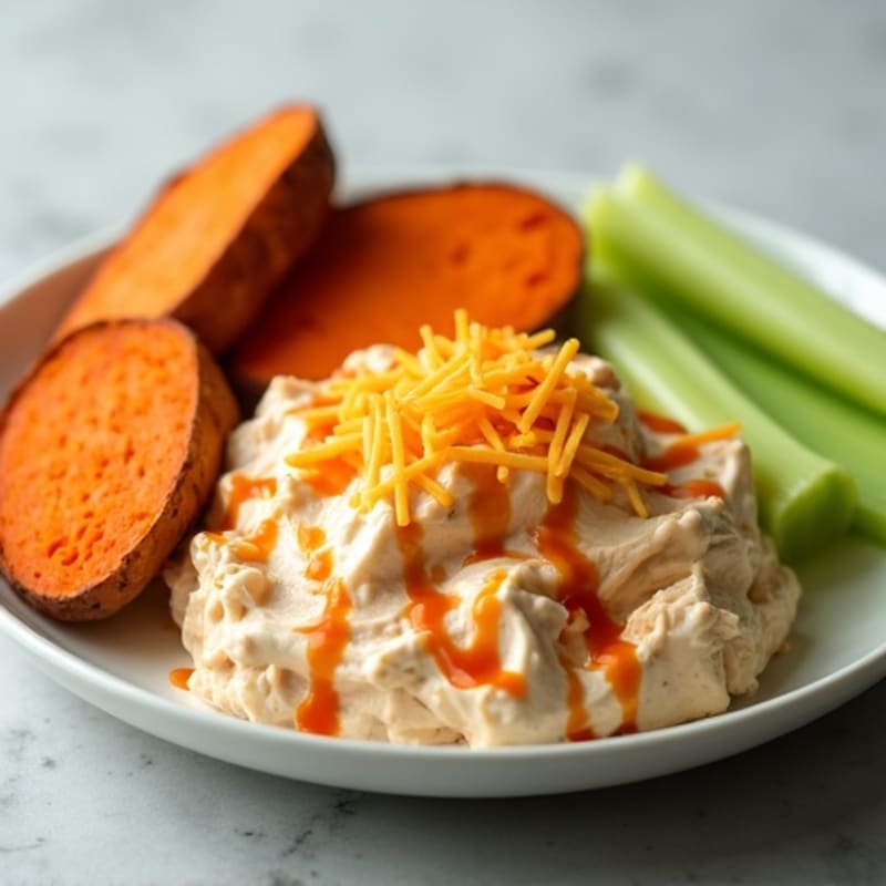 Creamy Baked Buffalo Chicken Dip with Roasted Sweet Potatoes and Crunchy Celery