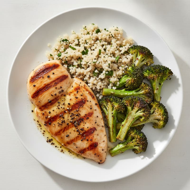 Grilled Lemon Pepper Chicken Breast with Quinoa and Roasted Broccoli