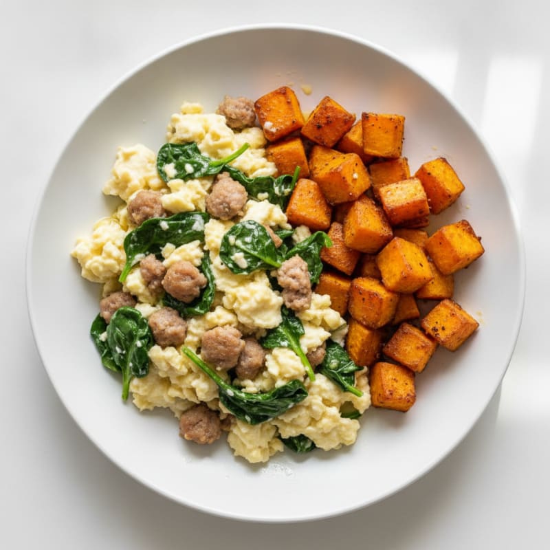 Egg White and Turkey Sausage Scramble with Spinach and Roasted Sweet Potato