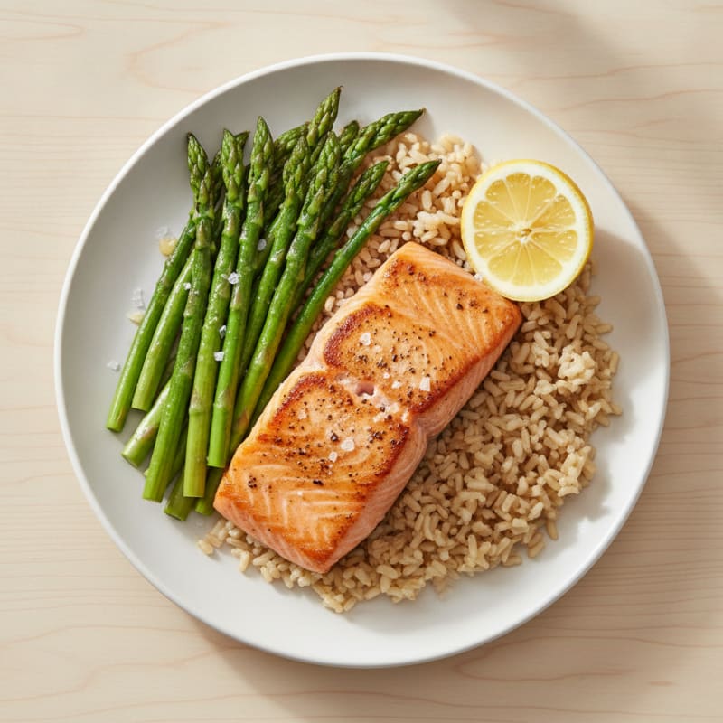 Seared Salmon with Steamed Asparagus and Brown Rice