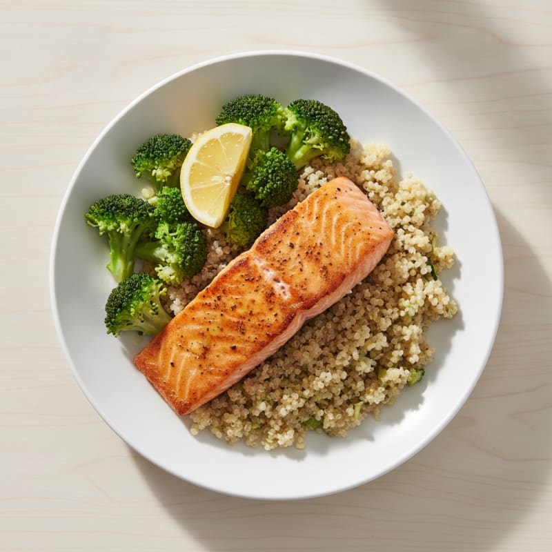 Seared Salmon with Steamed Broccoli and Quinoa