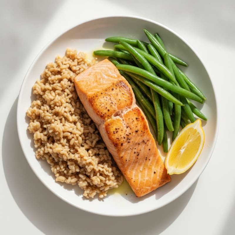 Seared Salmon with Steamed Green Beans and Brown Rice