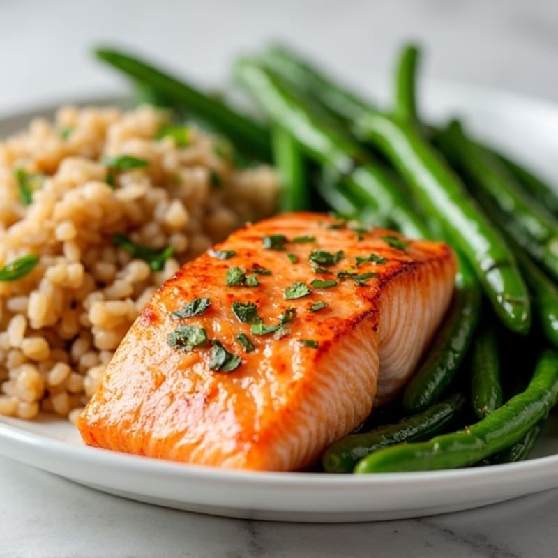 Seared Salmon with Garlic Green Beans and Brown Rice
