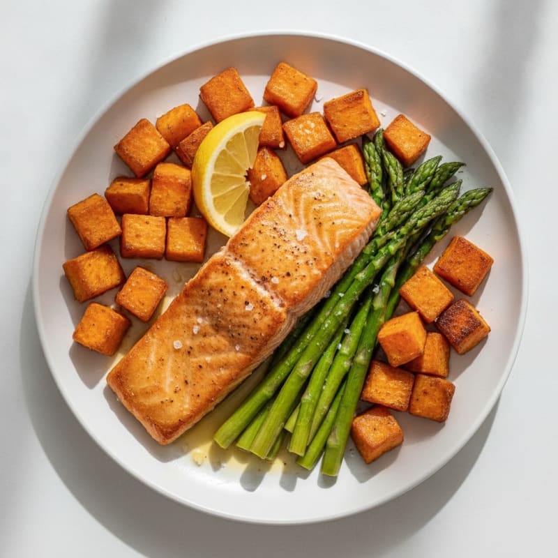 Seared Salmon Fillet with Roasted Sweet Potatoes and Asparagus