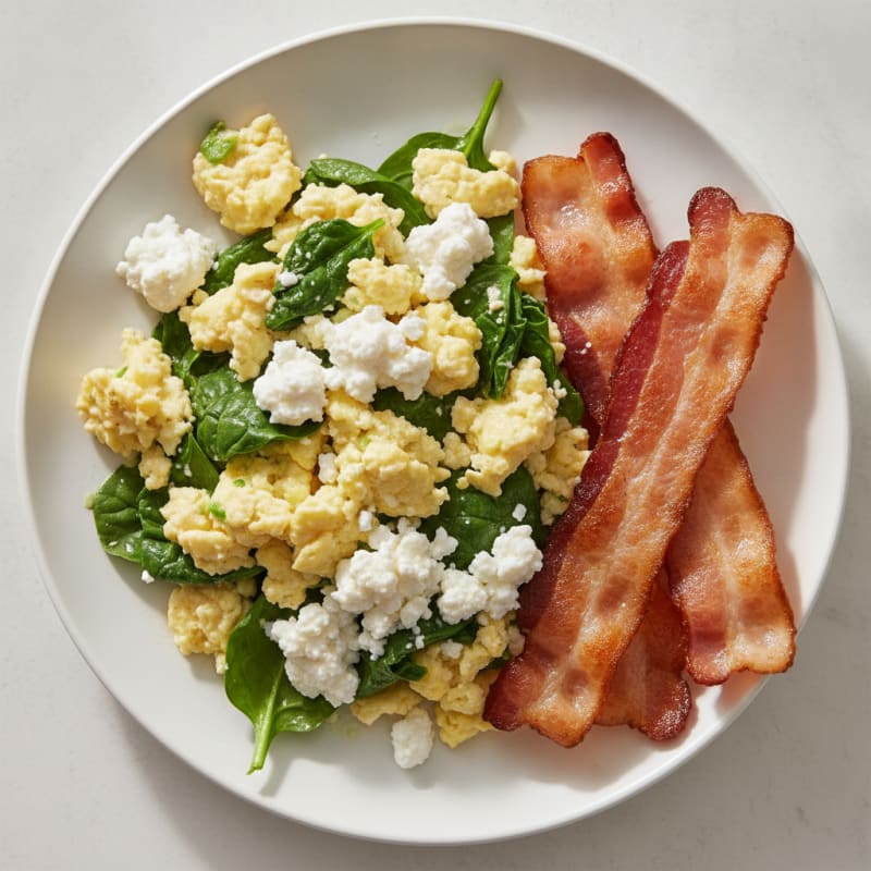 Cottage Cheese Egg Scramble with Spinach and Turkey Bacon