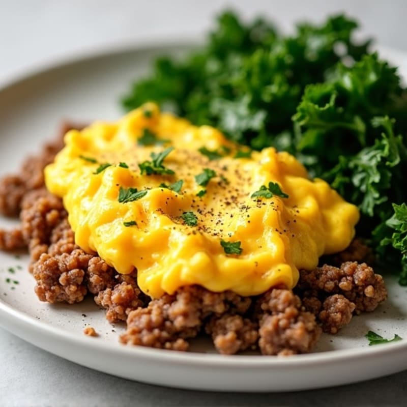 Creamy Scrambled Eggs with Sautéed Kale and Ground Beef