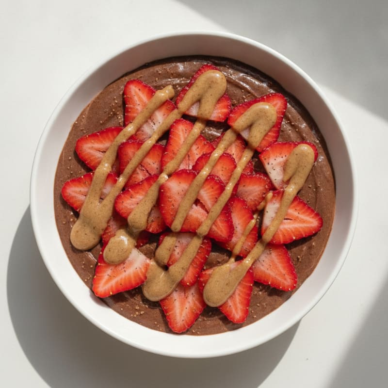 Chocolate Protein Pudding with Sliced Strawberries