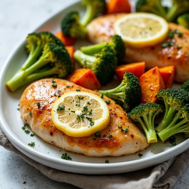 Sheet Pan Lemon-Herb Chicken with Crispy Roasted Broccoli and Sweet Potatoes