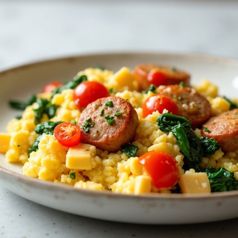 Cheesy Vegetable Egg White Scramble with Turkey Sausage