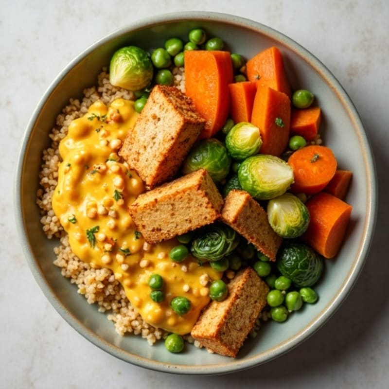 Creamy Yellow Pumpkin Quinoa Bowl with Crispy Tofu and Roasted Autumn Vegetables