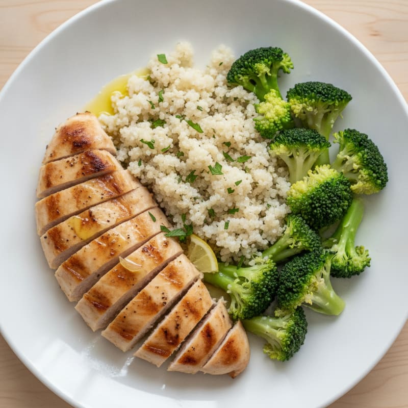 Grilled Chicken Breast with Steamed Broccoli and Quinoa