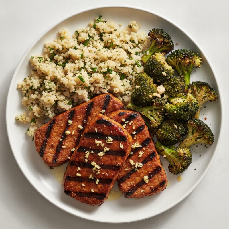 Grilled Tempeh Steaks with Roasted Broccoli and Quinoa