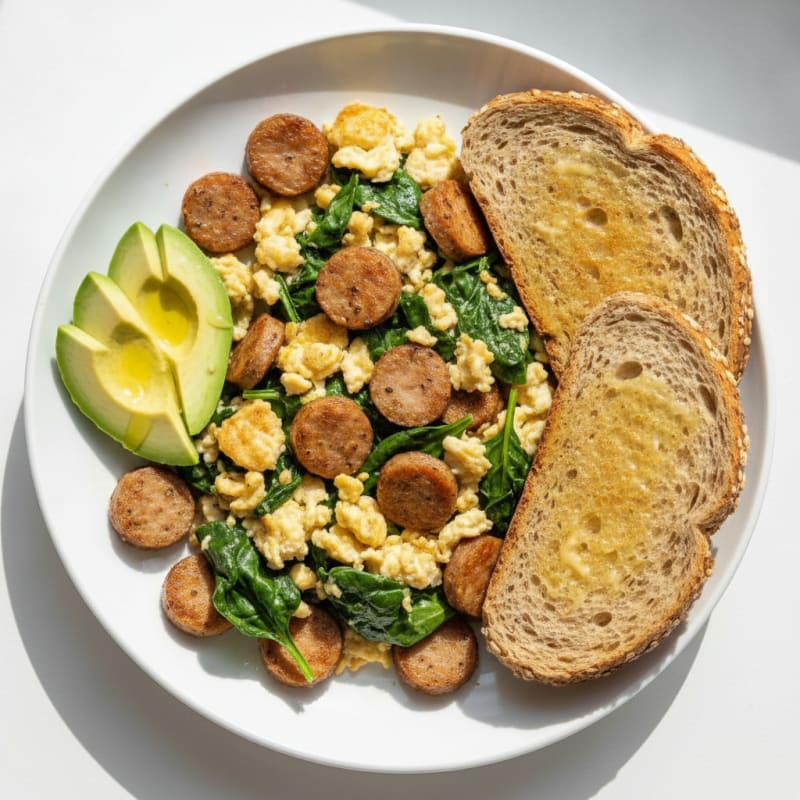 Crispy Turkey Sausage and Egg White Scramble with Spinach