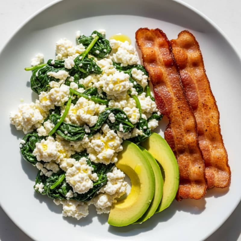 Cottage Cheese Egg White Scramble with Spinach and Turkey Bacon