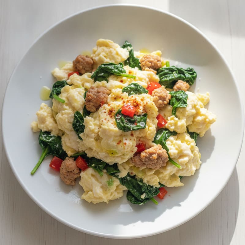 Egg White Scramble with Turkey Sausage and Sautéed Spinach
