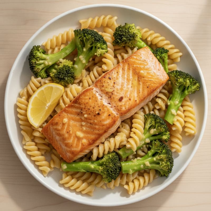 Seared Salmon with Lemon Garlic Broccoli and Chickpea Pasta