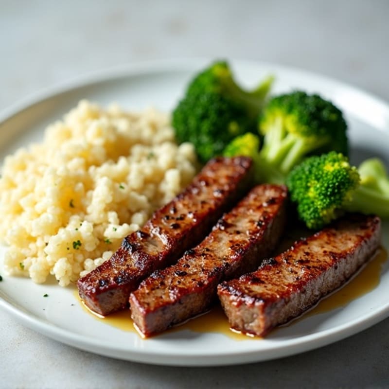 Seared Lean Beef Strips with Steamed Broccoli and Cauliflower Rice
