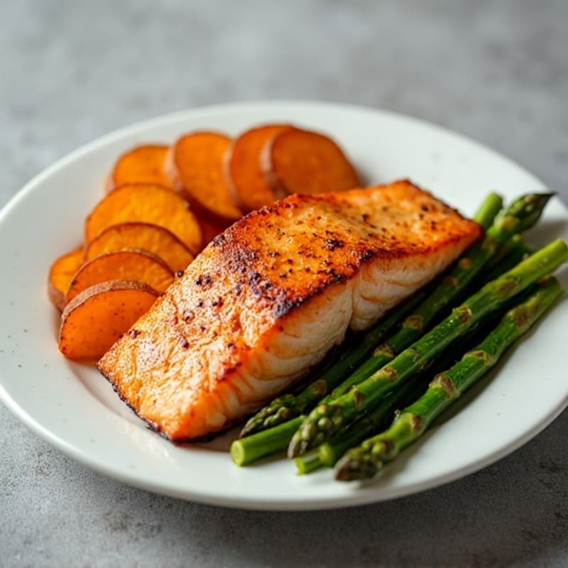 Crispy Baked Salmon with Roasted Asparagus and Sweet Potato