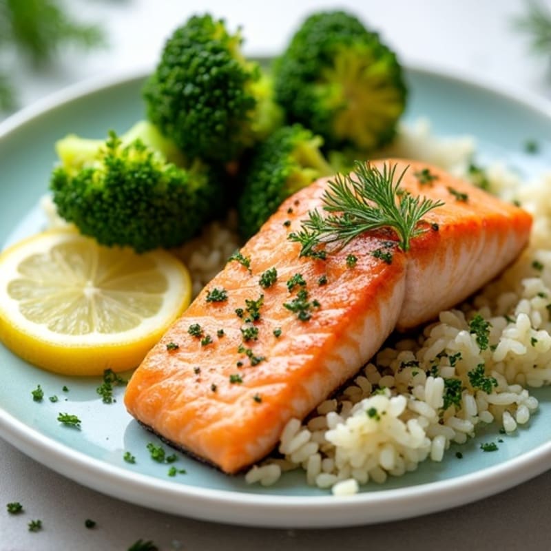 Seared Salmon with Herb Rice and Steamed Broccoli
