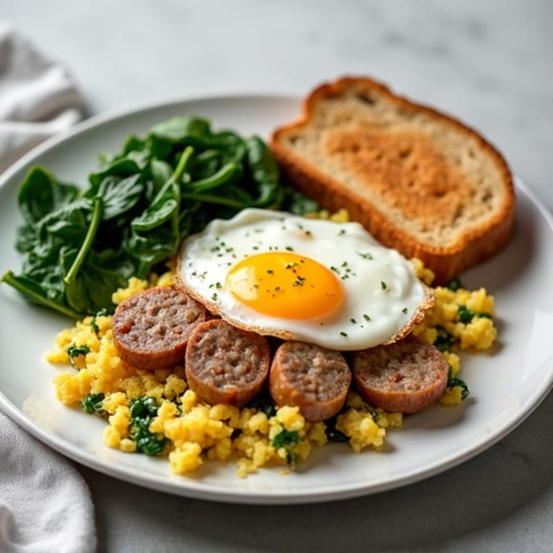 Egg White and Turkey Sausage Scramble with Sautéed Spinach