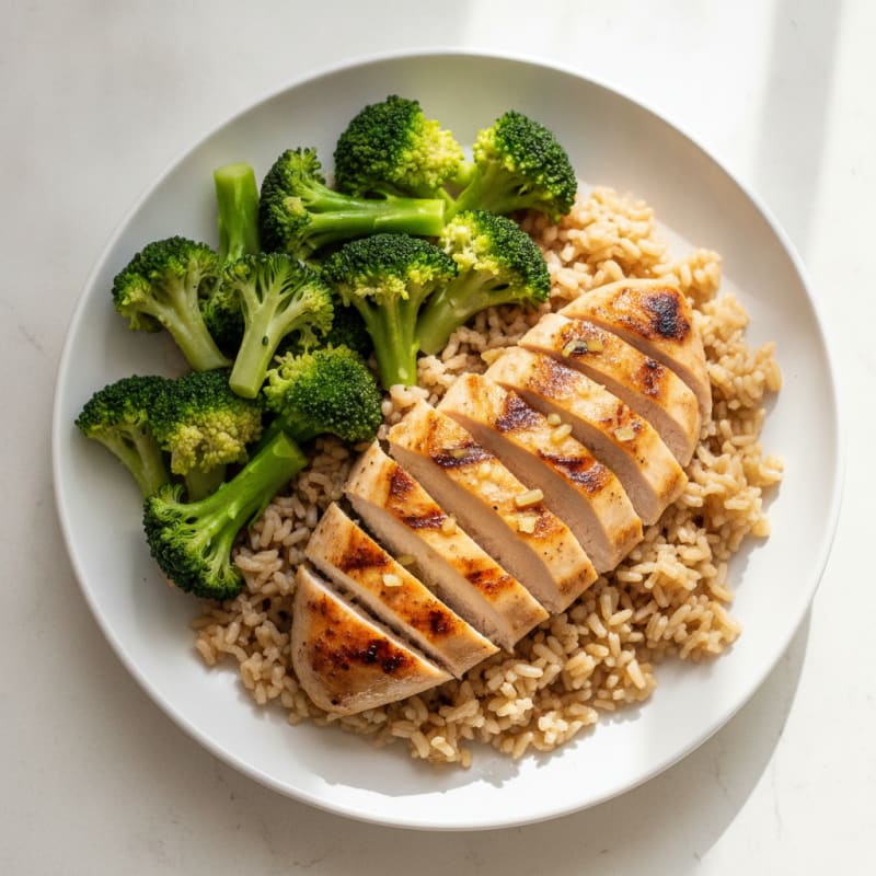 Grilled Chicken Breast with Steamed Broccoli and Brown Rice