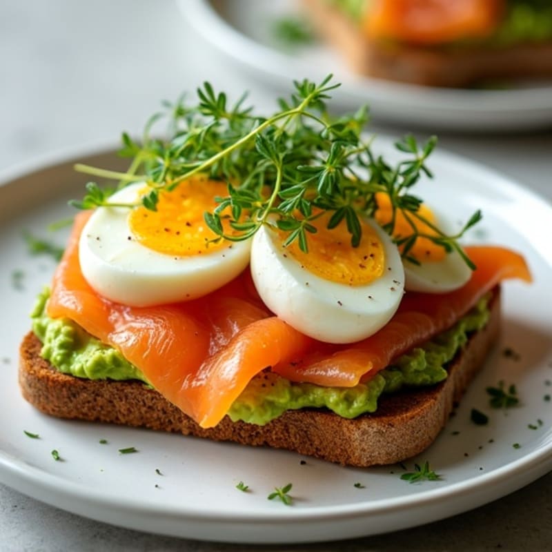 Crunchy Tiger Bread Avocado Toast with Sliced Egg, Smoked Salmon & Microgreens