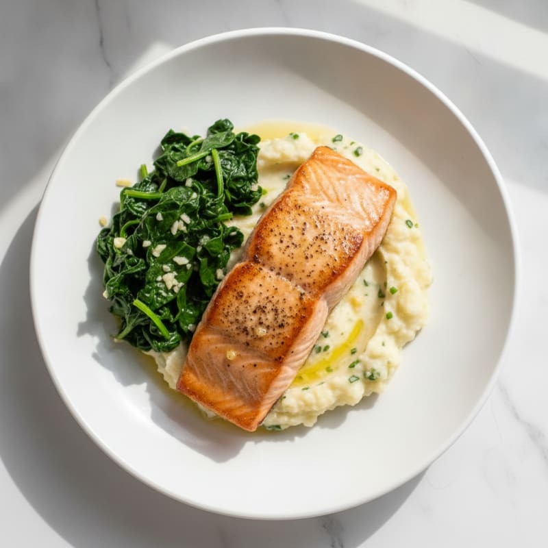 Seared Salmon with Garlic Mashed Cauliflower and Sautéed Spinach