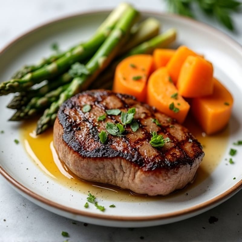 Pan-Seared Steak with Roasted Asparagus and Sweet Potato