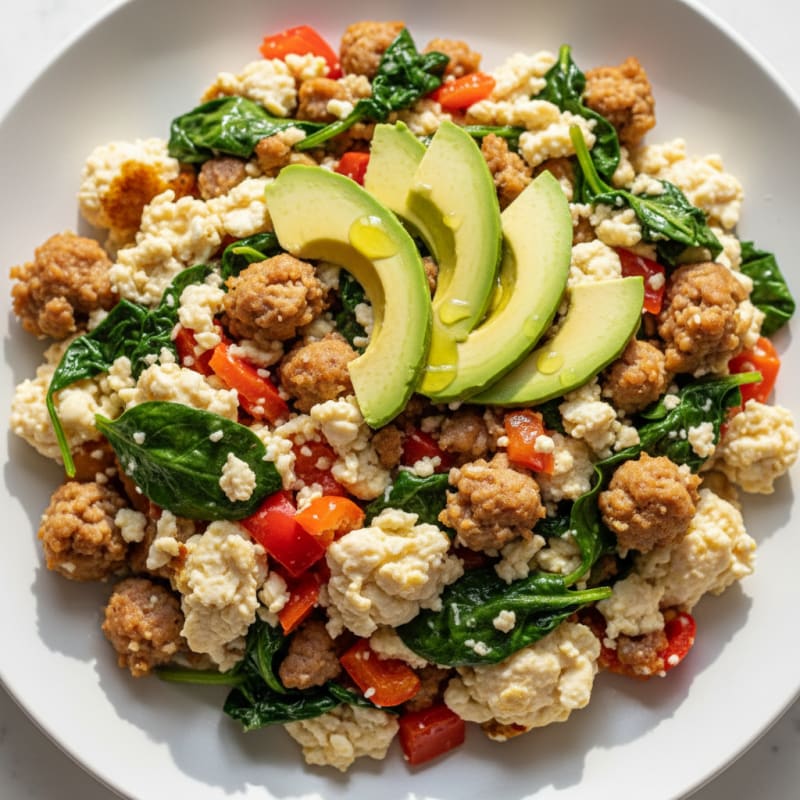 Egg White and Turkey Sausage Scramble with Spinach and Bell Peppers