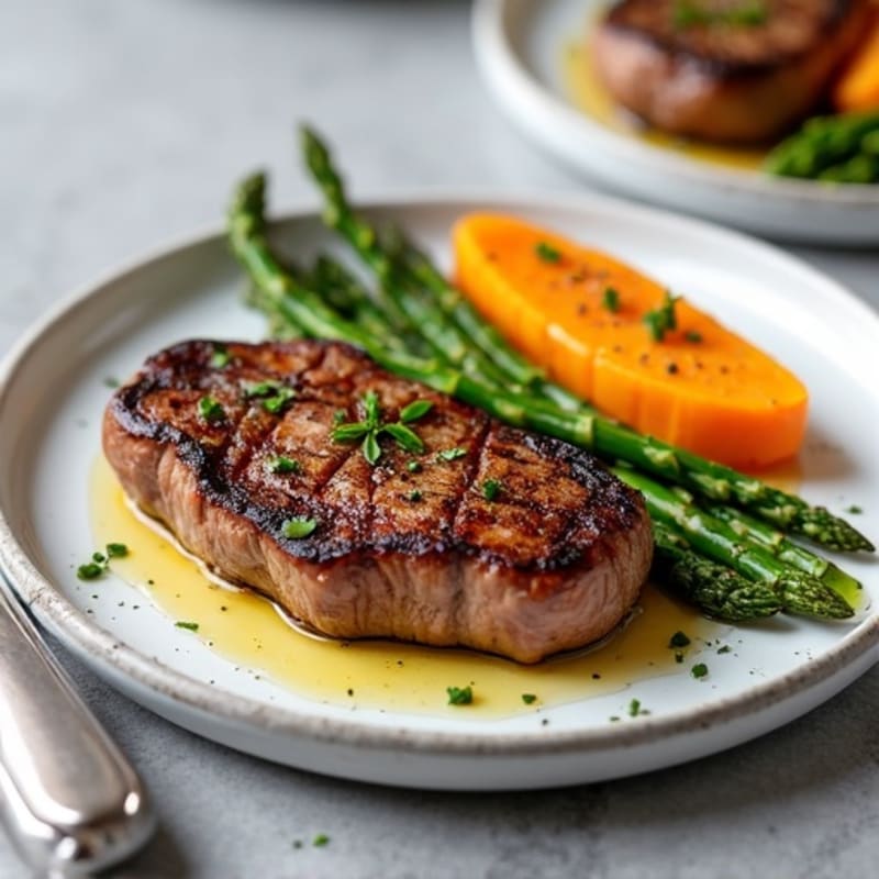 Pan-Seared Sirloin Steak with Roasted Asparagus and Sweet Potato