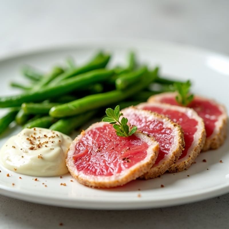Fresh Seared Ahi Tuna with Creamy Wasabi Mayo and Crispy Green Beans