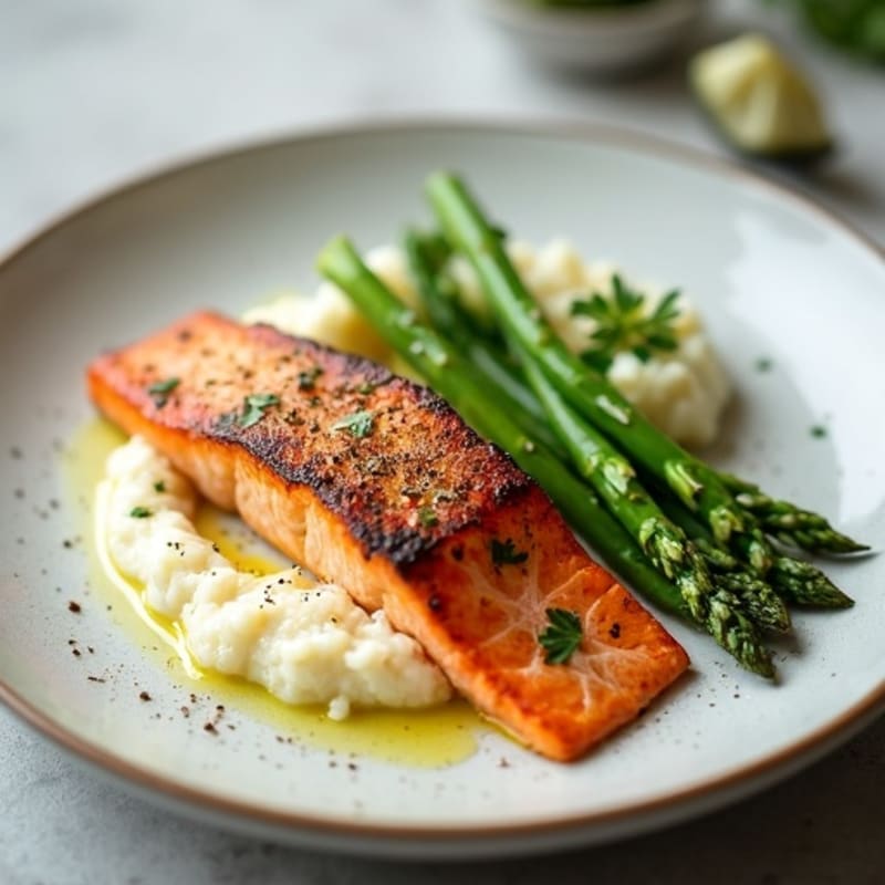 Seared Salmon Fillet with Steamed Asparagus and Cauliflower Mash