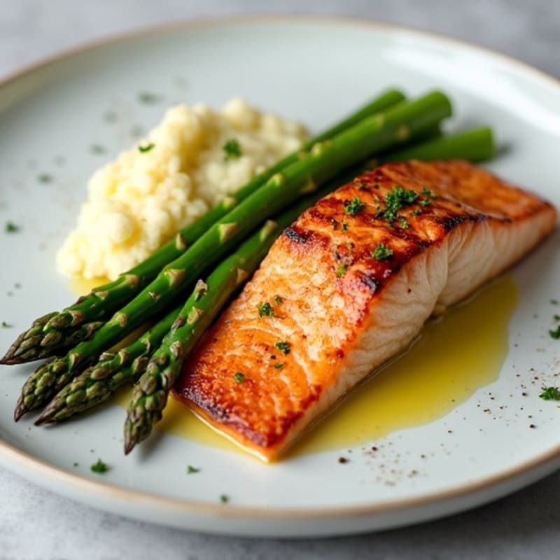 Seared Salmon Fillet with Steamed Asparagus and Cauliflower Mash