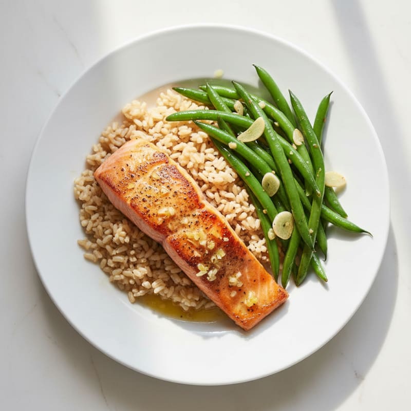 Seared Salmon Fillet with Garlic Green Beans and Brown Rice