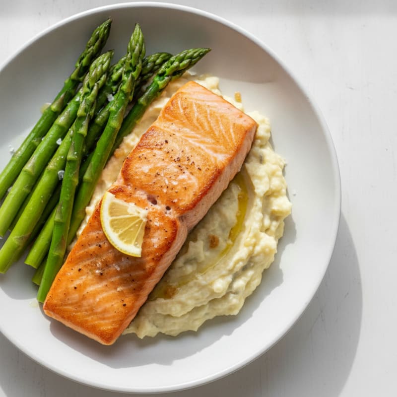 Seared Salmon with Steamed Asparagus and Cauliflower Mash