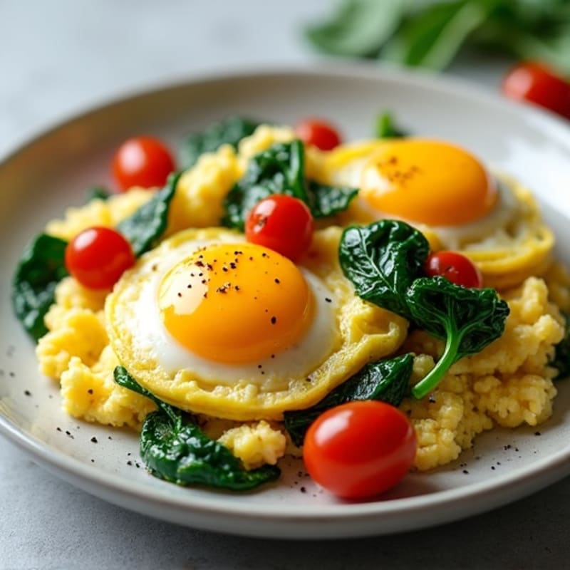 Fluffy Scrambled Eggs with Sautéed Spinach and Cherry Tomatoes