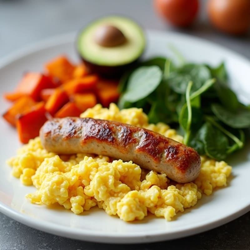 Egg White Scramble with Chicken Sausage and Roasted Sweet Potatoes