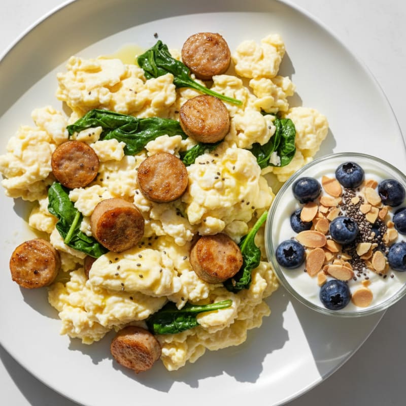 Egg White Scramble with Turkey Sausage and Greek Yogurt Parfait