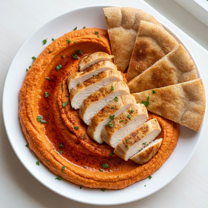 Roasted Red Pepper Hummus with Chicken and Pita
