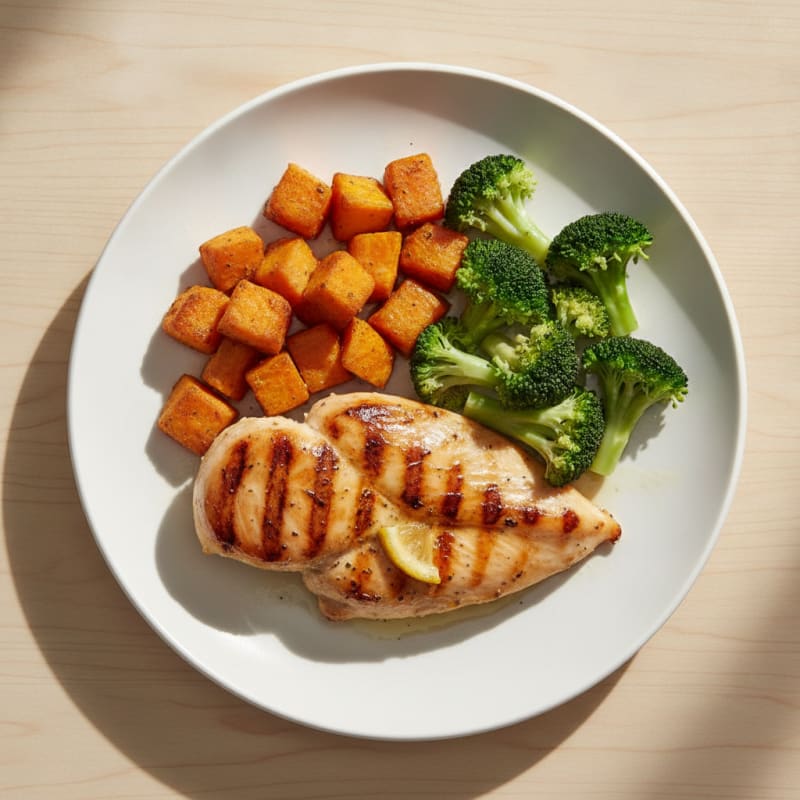 Grilled Chicken Breast with Roasted Sweet Potato and Steamed Broccoli